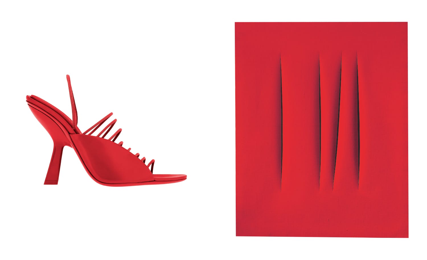 Modern red high-heeled shoe with cut-out design next to abstract red artwork featuring slit patterns.