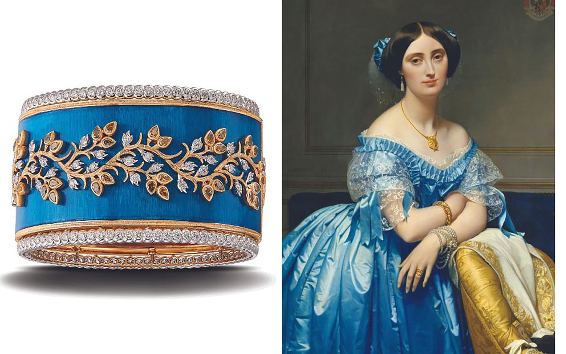 Gold and blue jewelry piece next to a historical portrait of a woman in a blue dress sitting gracefully.