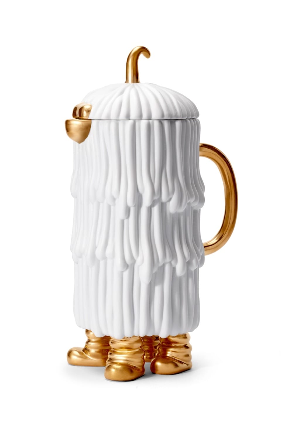 Ceramic teapot with a unique design featuring white fur-like texture and gold accents on the handle, spout, and feet.