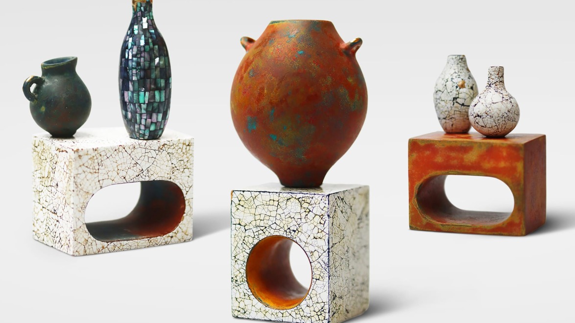 Various textured and patterned pottery vases displayed on modern geometric stands with a white background.