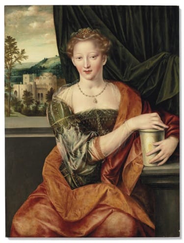 Renaissance portrait of a woman in ornate dress holding a container, with a landscape visible through a window behind her.
