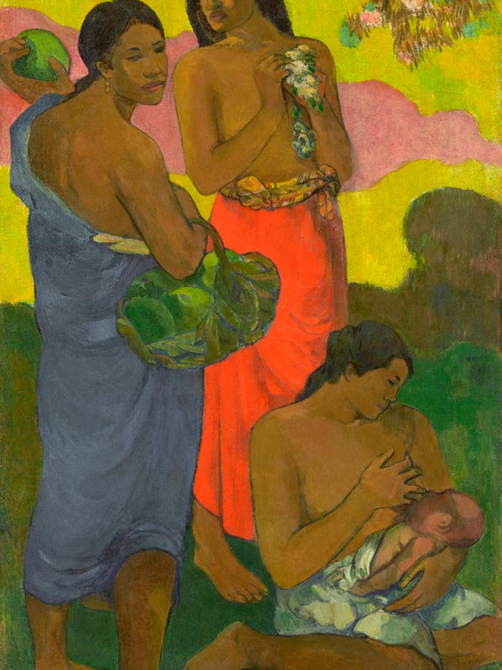 Painting of four people; three standing, one holding a baby, set against a colorful, abstract background with foliage.