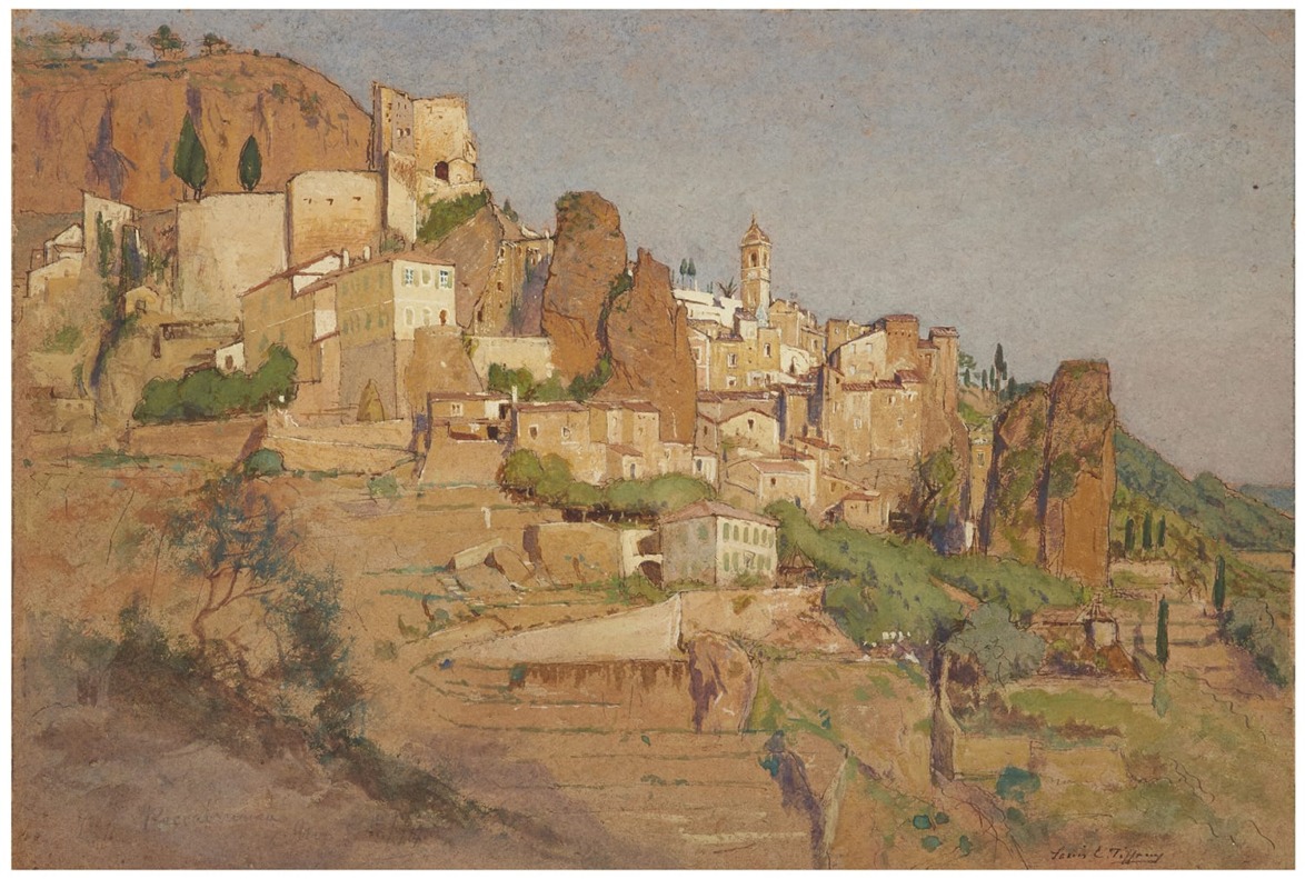 Painting of a hillside village with rustic buildings, stone walls, and a distant church tower under a clear sky.