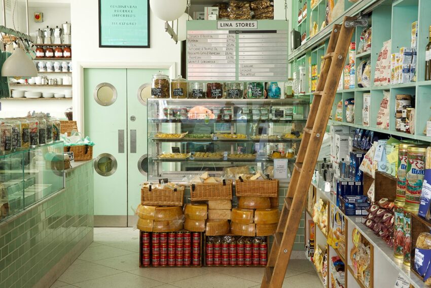 Interior of a quaint store with shelves of groceries, a glass display with cheeses, a wooden ladder, and mint green decor.