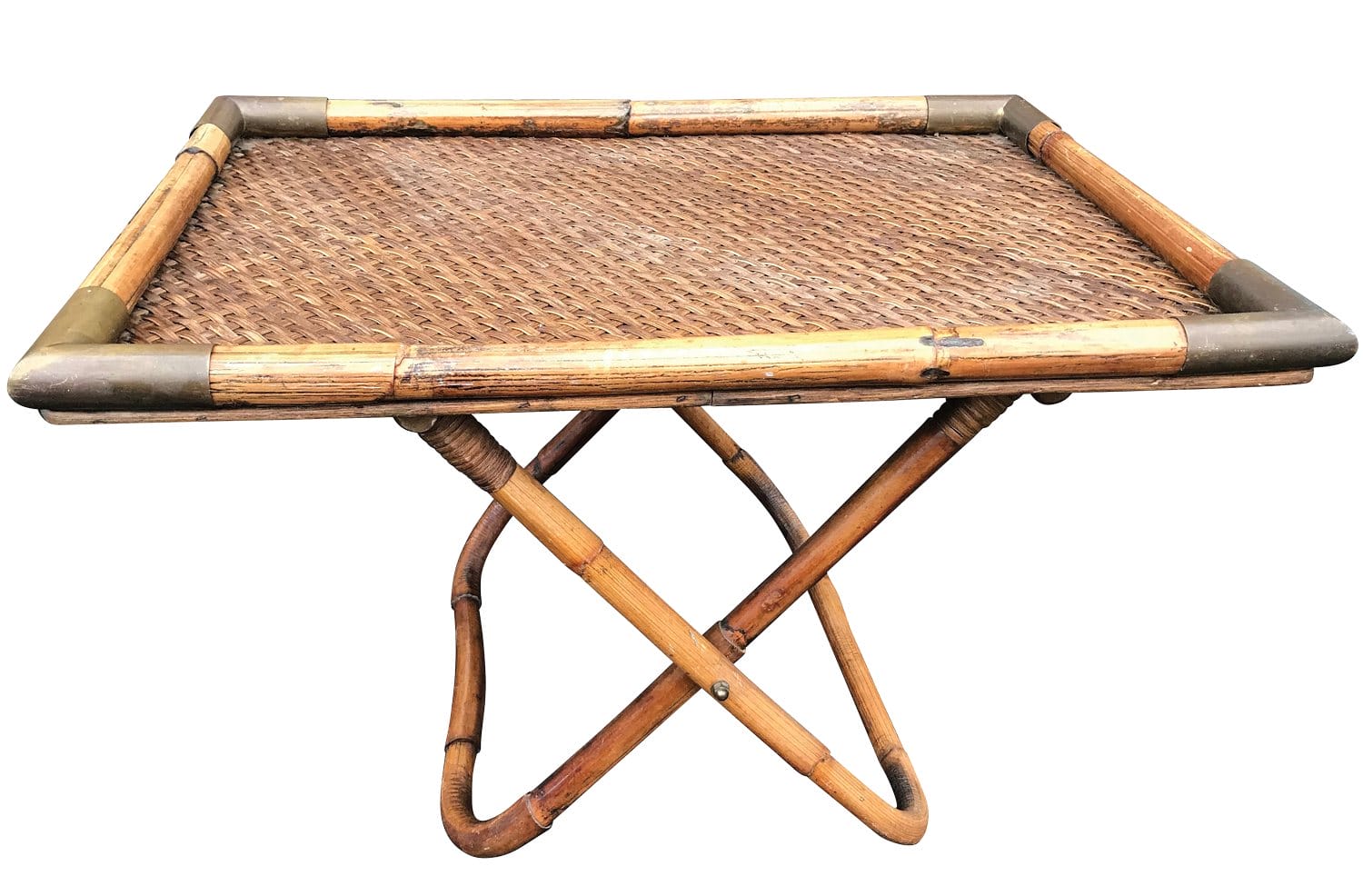 Vintage wicker and bamboo table with foldable legs.