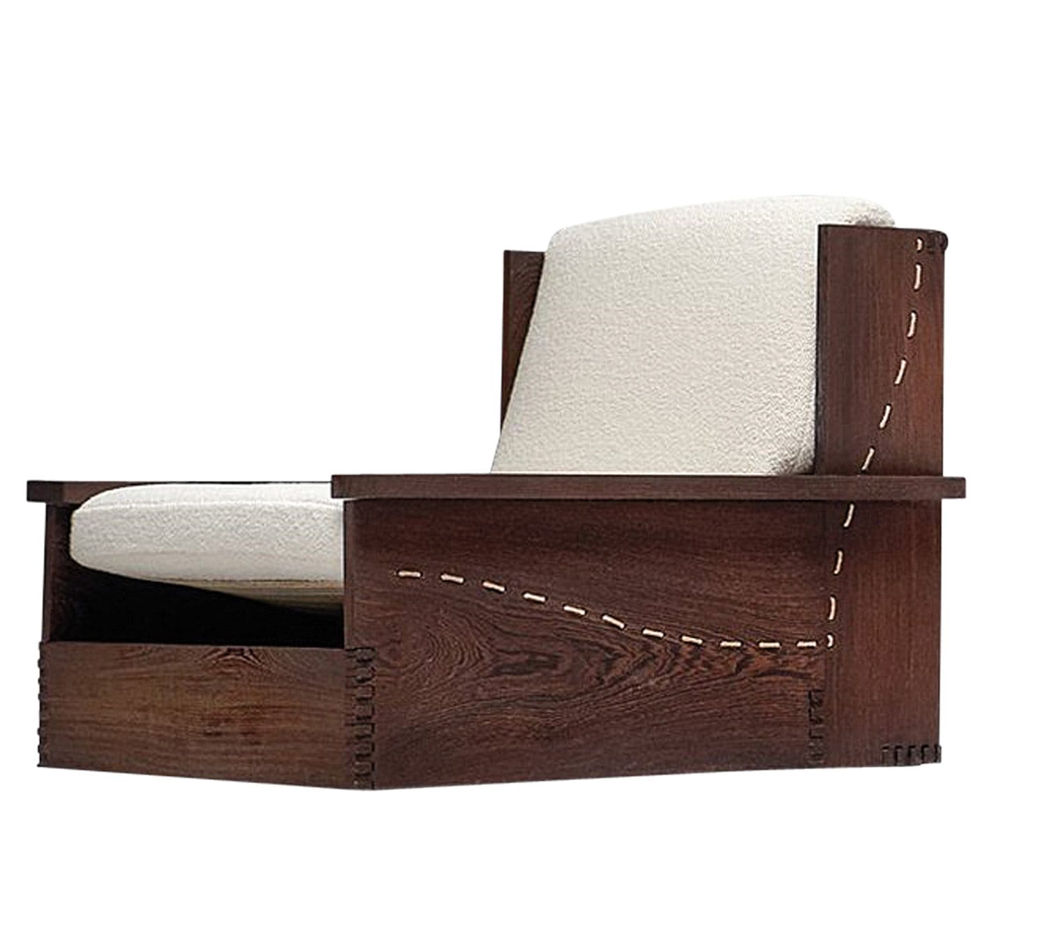 Modern wooden armchair with white cushions and stitched detailing on a white background.