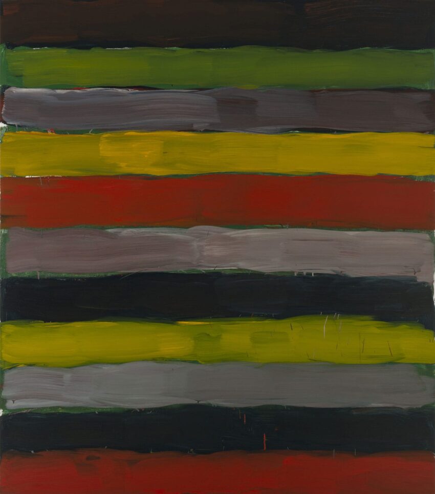 Abstract painting with horizontal stripes in various colors like green, red, and yellow on a dark background.