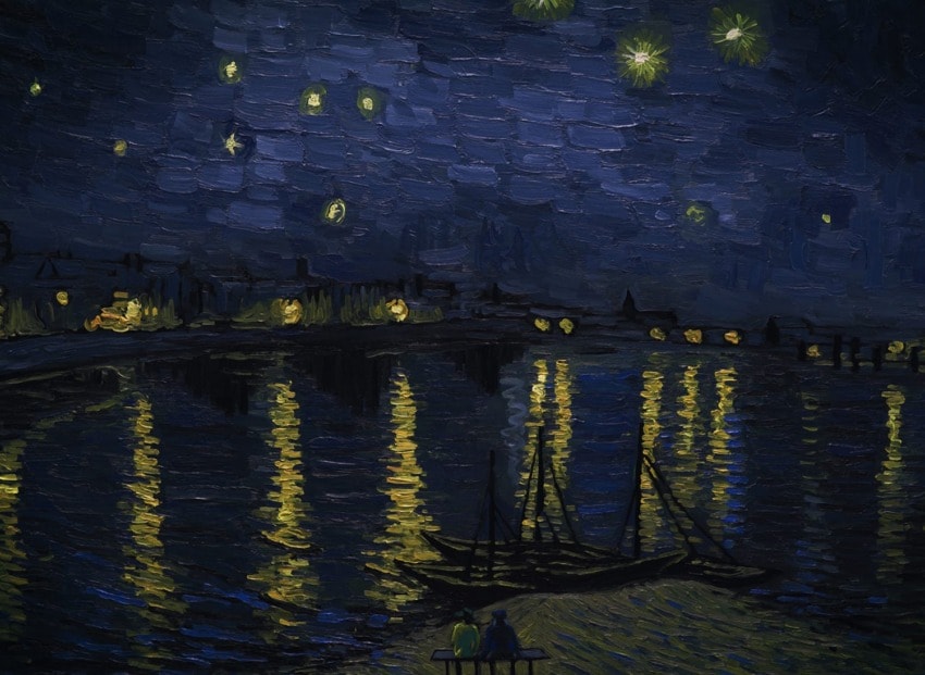 Van Gogh painting of a starry night over a river with reflections and a silhouette of a boat in the foreground.