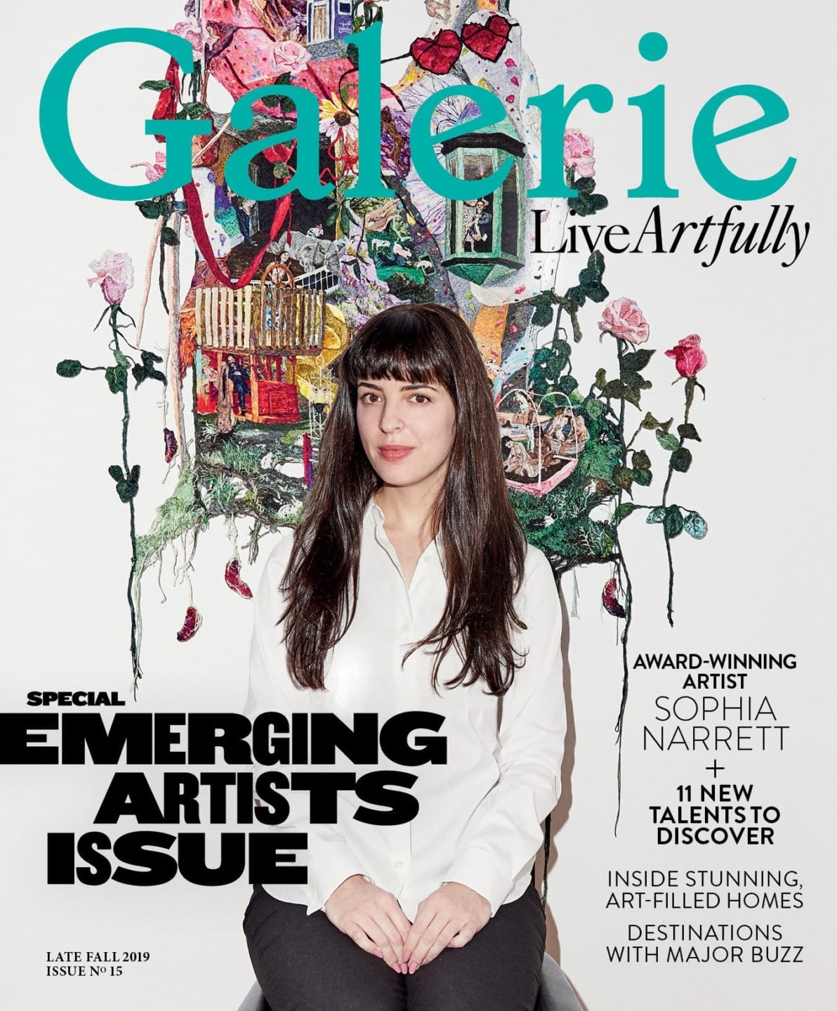 Magazine cover titled "Galerie: Emerging Artists Issue" with a seated woman in front of colorful textile art.