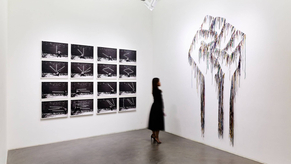 Robin Rhode & Nari Ward, Power Wall. Installation view, Lehmann Maupin, Hong Kong, 2020.