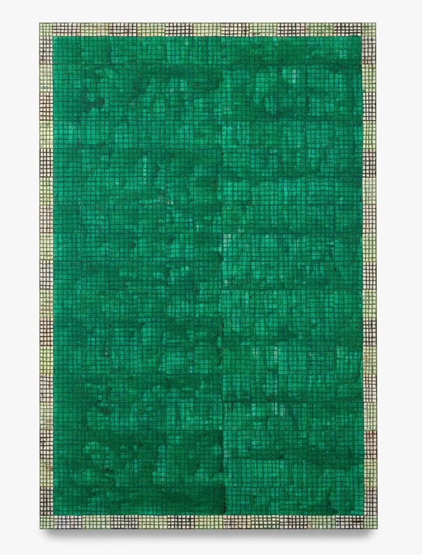 Abstract artwork with a grid of deep green squares framed by a patterned black and white border.