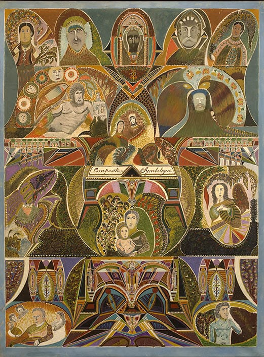 Colorful collage of various figures, including angels and historical characters, with intricate patterns and symbolic elements.
