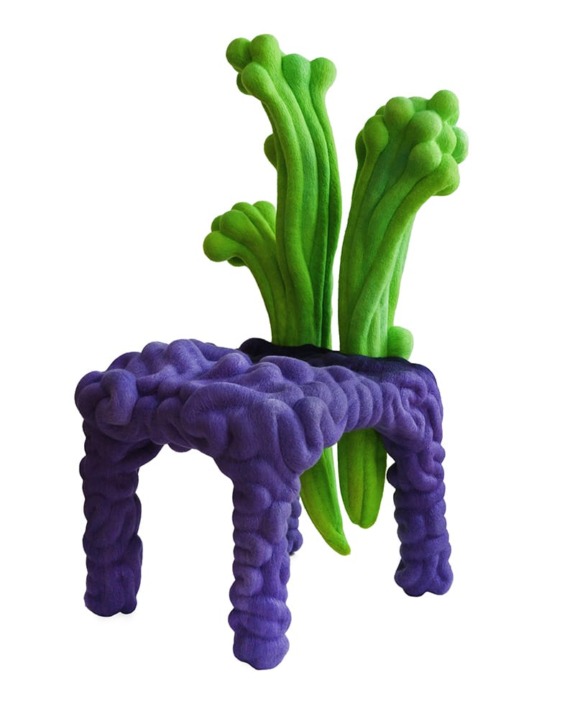Funky chair with vibrant purple and green abstract design, resembling organic forms and textures.