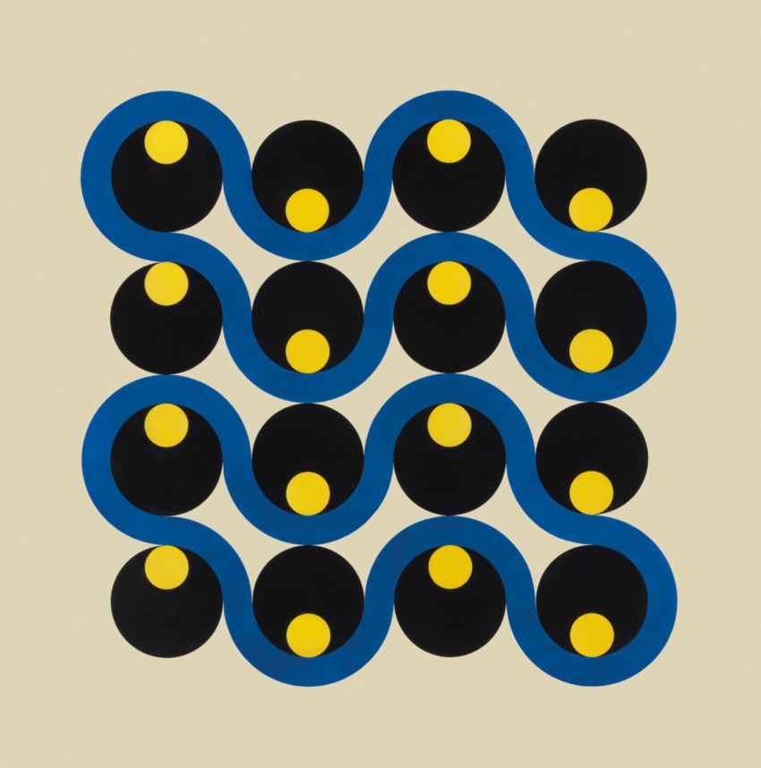 Abstract geometric pattern with interconnected blue lines and black circles, each circle containing a smaller yellow circle