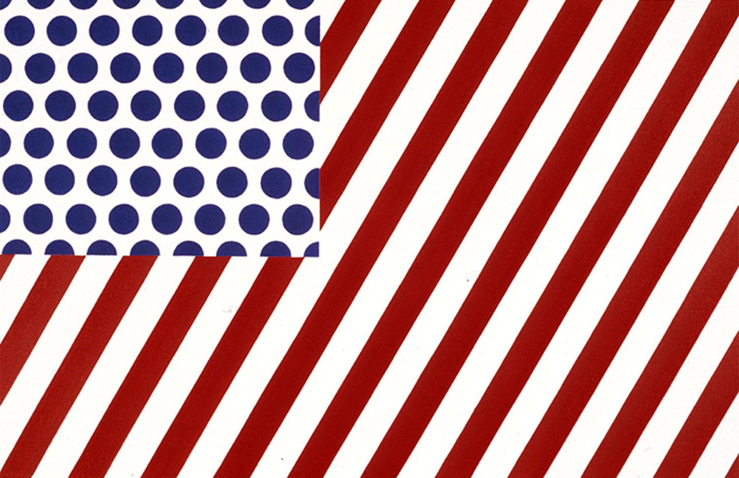 Abstract artwork with blue polka dots in a square and red diagonal stripes, resembling a stylized flag design.