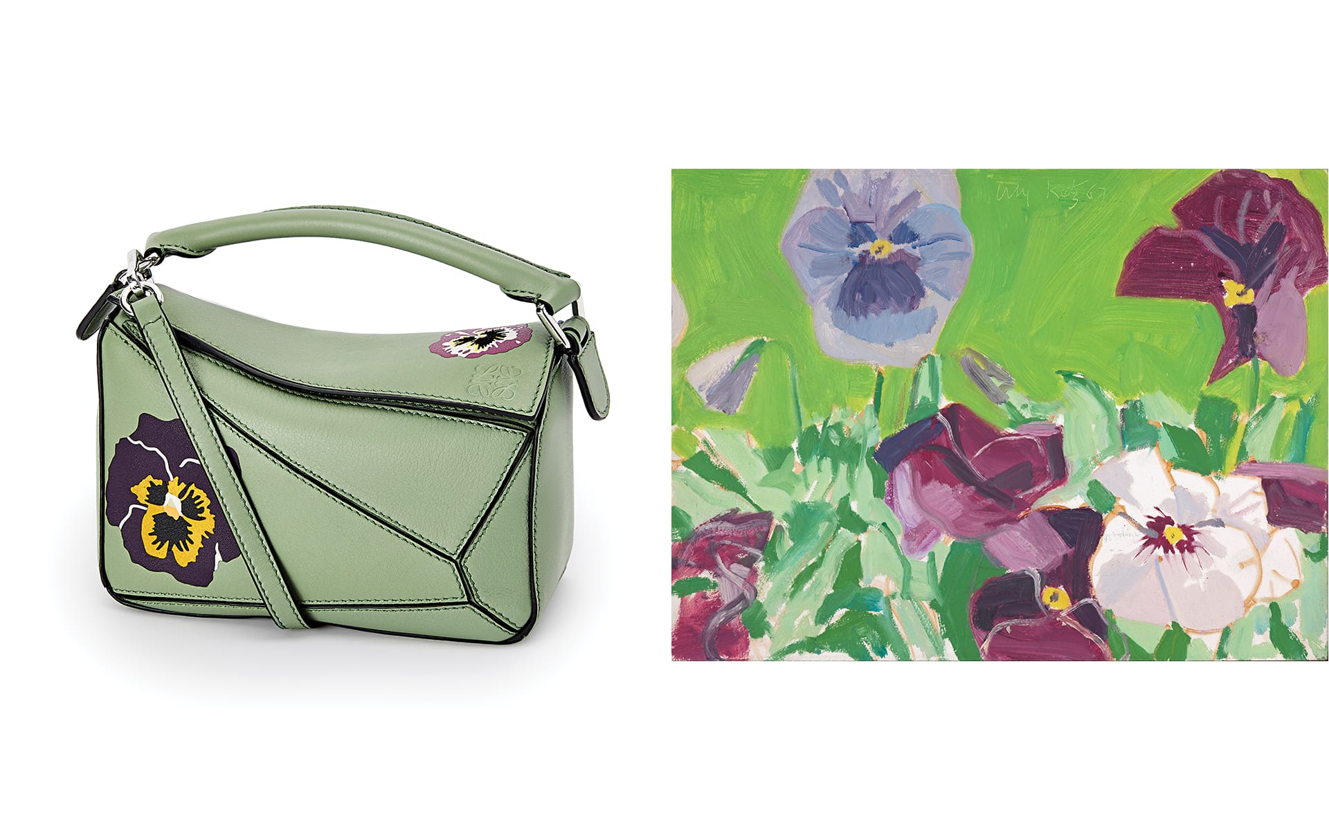 Green handbag with a pansy flower design next to a colorful painting of pansies on a green background.