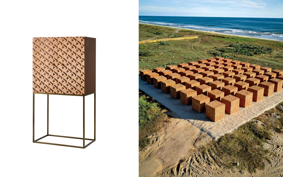 Wooden cabinet with geometric pattern on left; outdoor art installation with grid of red brick structures on right.
