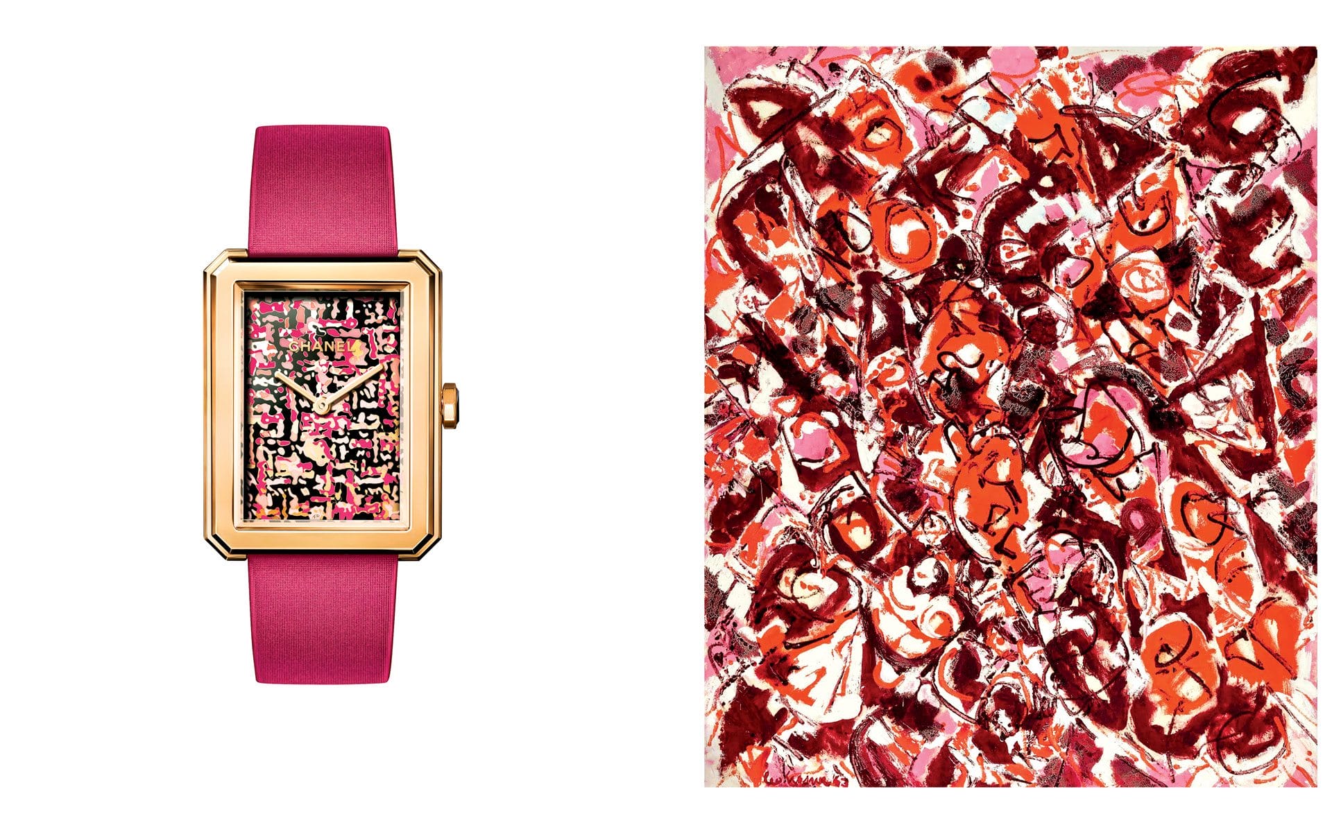 Pink-banded watch with a colorful abstract design next to a vibrant abstract painting with bold shapes and colors.
