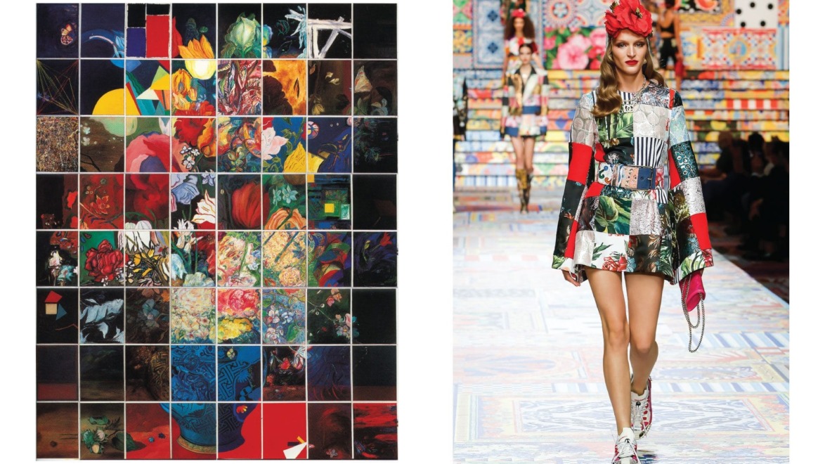 A colorful patchwork art piece and a model walking in a vibrant, patterned outfit on a runway.