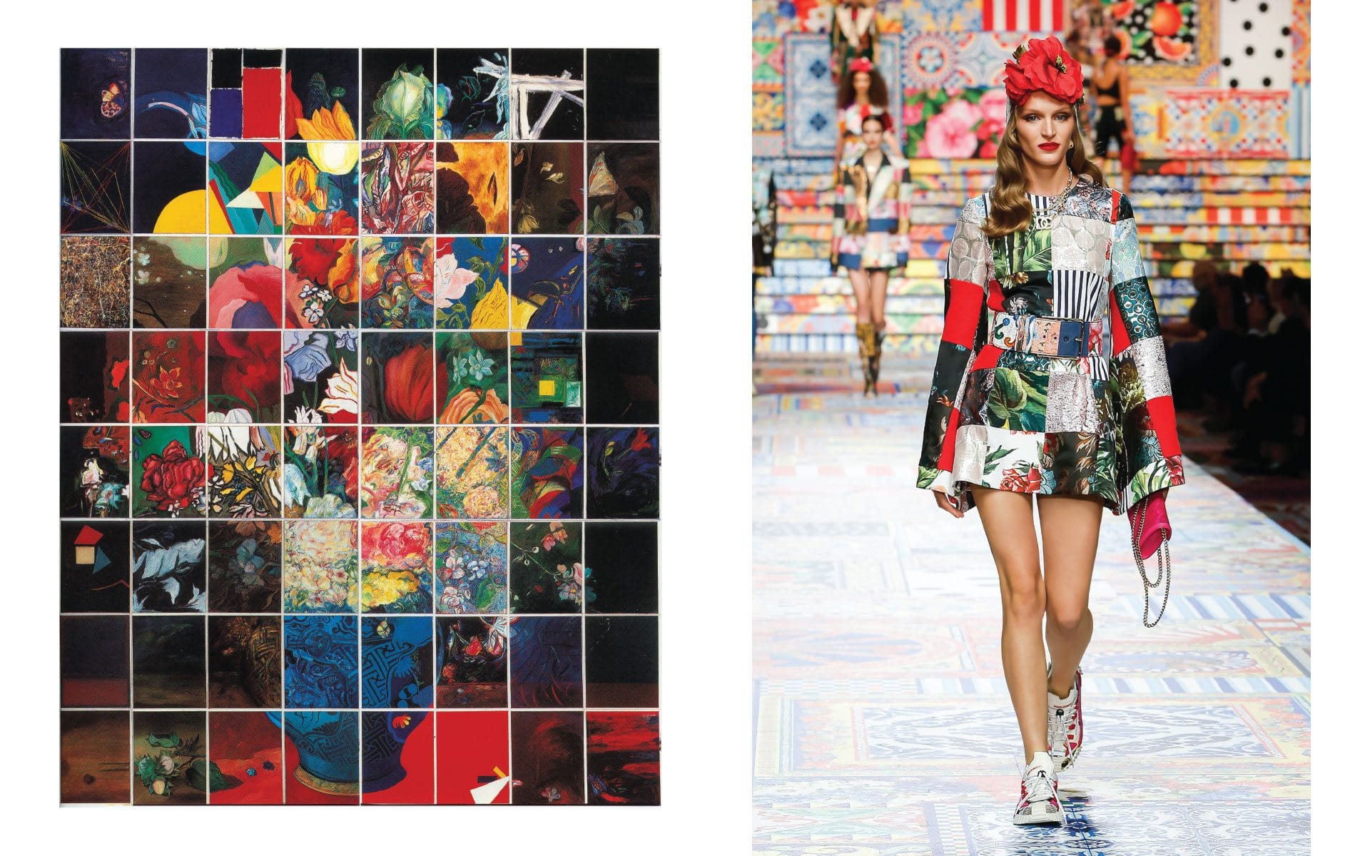 A colorful patchwork art piece and a model walking in a vibrant, patterned outfit on a runway.