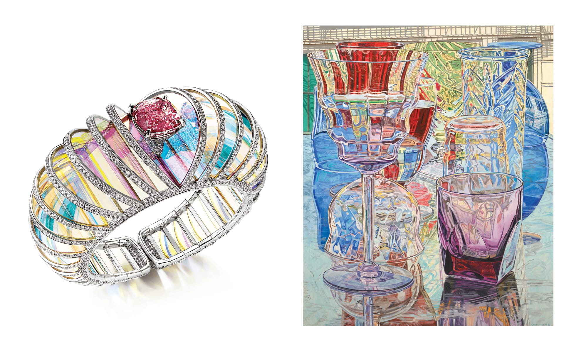 A silver bracelet with colorful glass elements next to an artistic depiction of glassware reflecting vibrant colors.