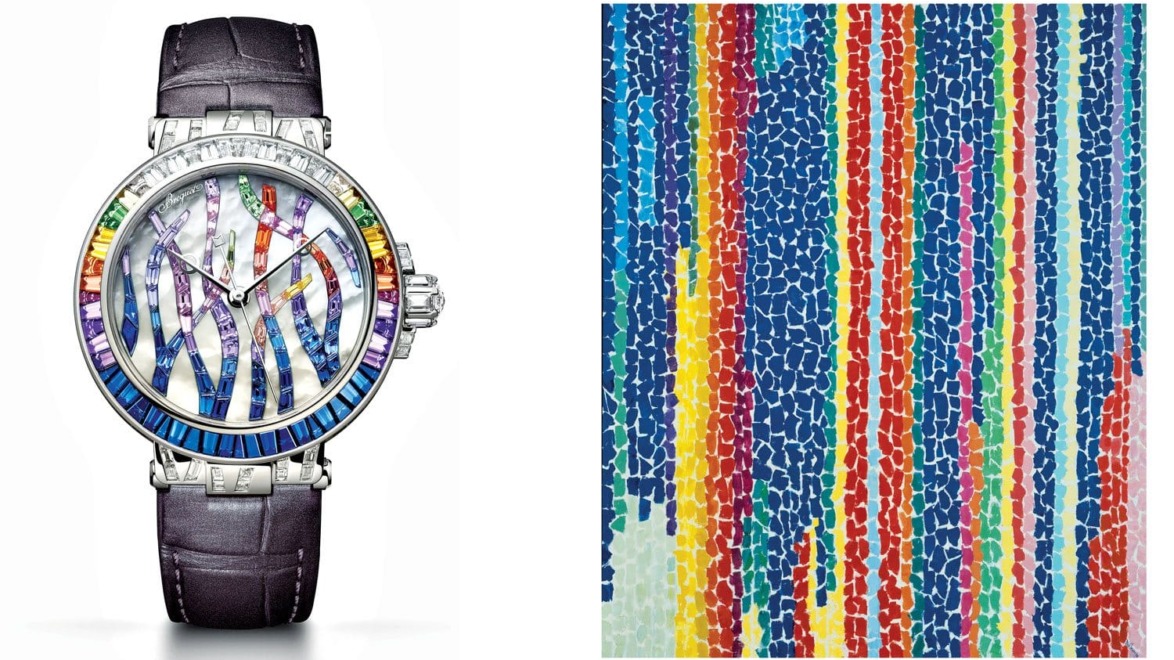 Luxurious wristwatch with a colorful, abstract rainbow design next to a vibrant multicolored abstract art piece.