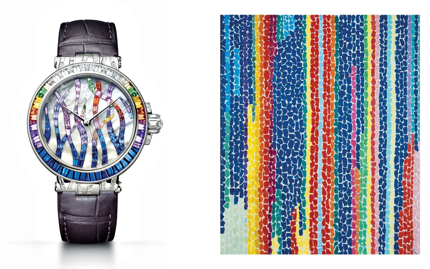 Luxurious wristwatch with a colorful, abstract rainbow design next to a vibrant multicolored abstract art piece.