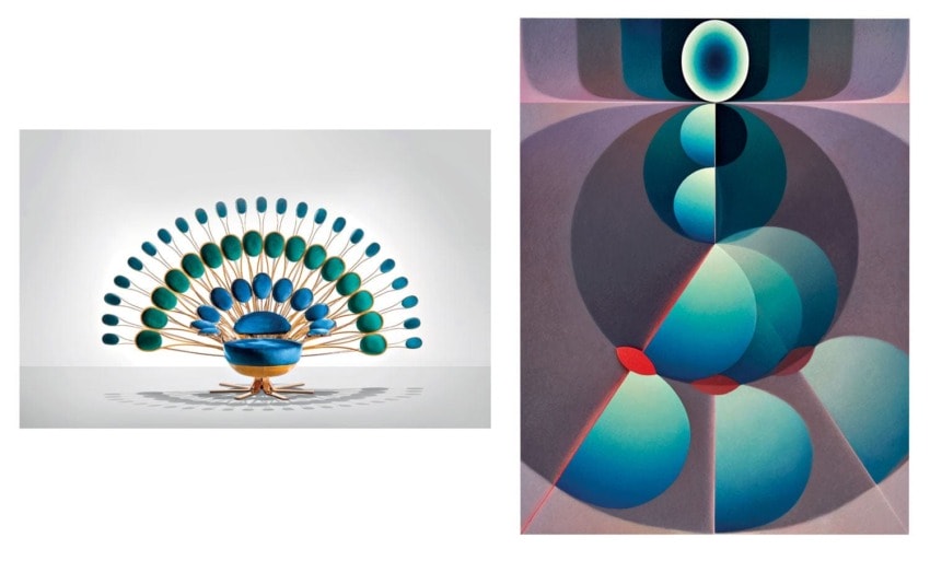 A colorful chair resembling a peacock and an abstract artwork with overlapping circular shapes on display.