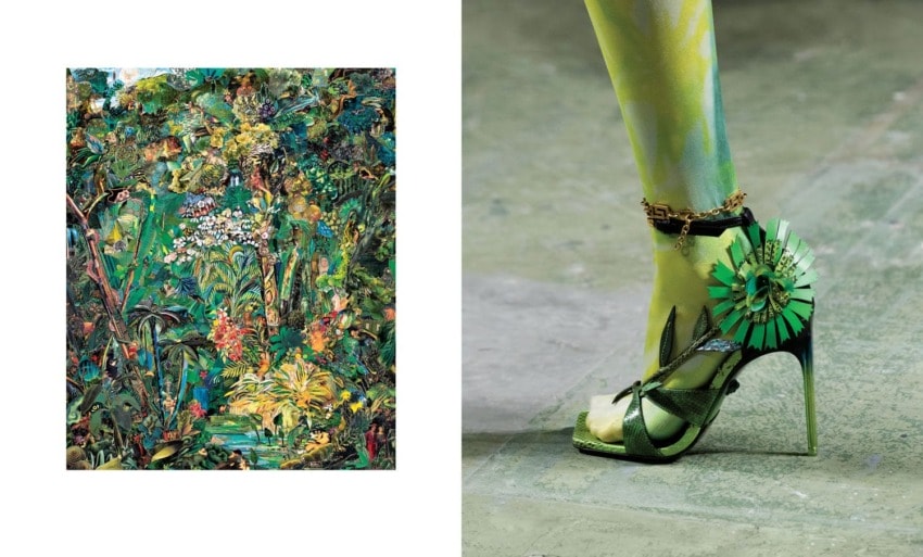 A vibrant painting of a jungle scene next to a green high heel shoe with a decorative flower, worn by a model.