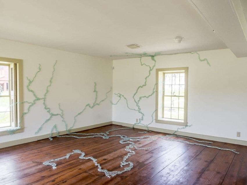 Art installation in a white room with wooden floor, featuring green branching structures on walls and floor near large windows.
