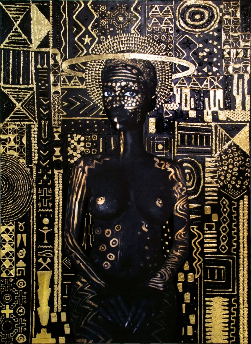 Artwork of a person with intricate body and face paint, surrounded by gold and black abstract patterns and symbols.