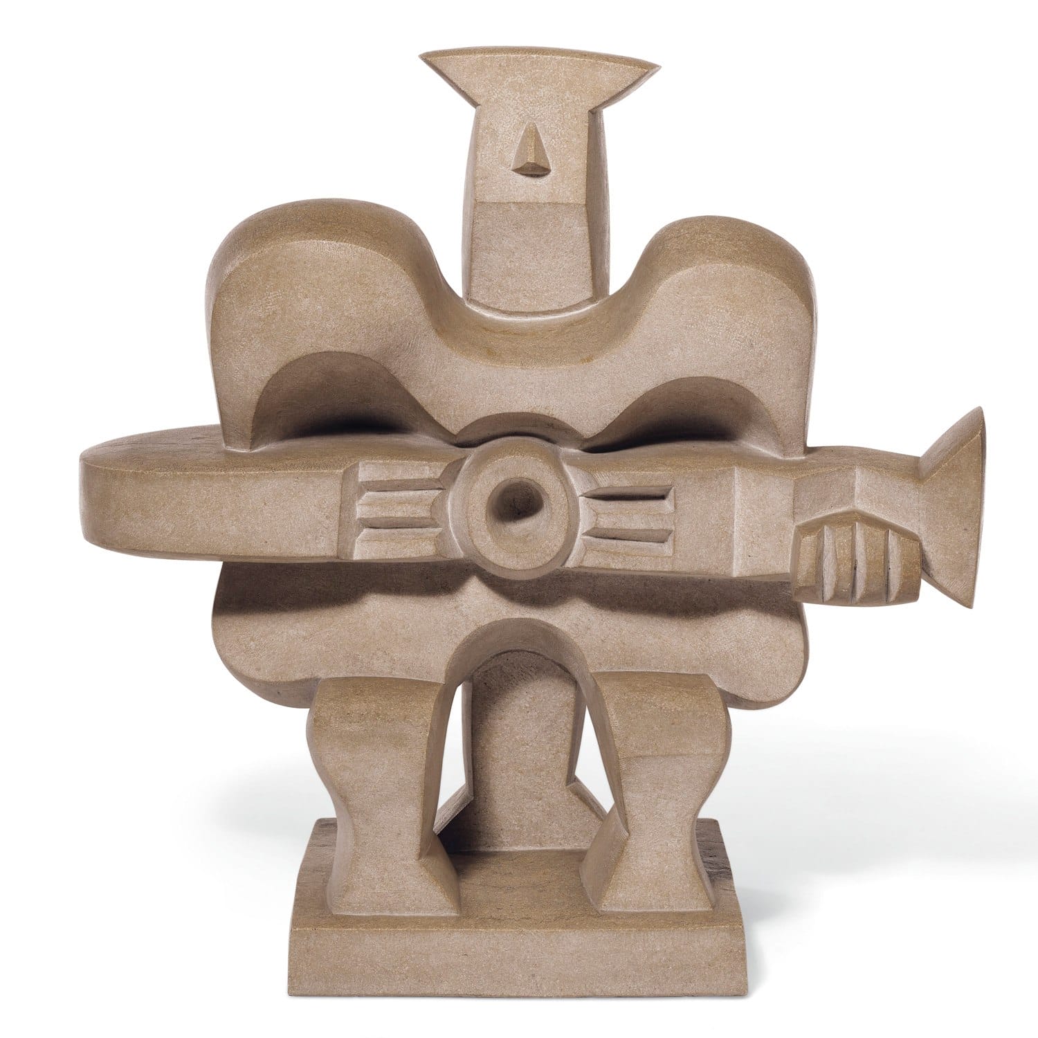 Abstract stone sculpture of a stylized figure holding a guitar, featuring curved and geometric shapes, on a plain background.