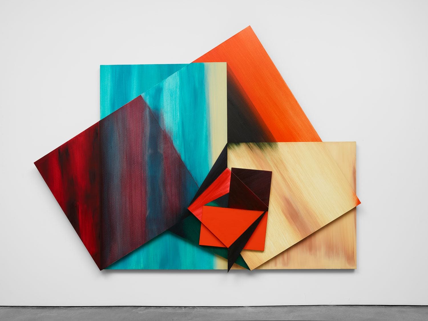 Abstract geometric painting with overlapping shapes and vibrant colors including blue, red, orange, and cream.