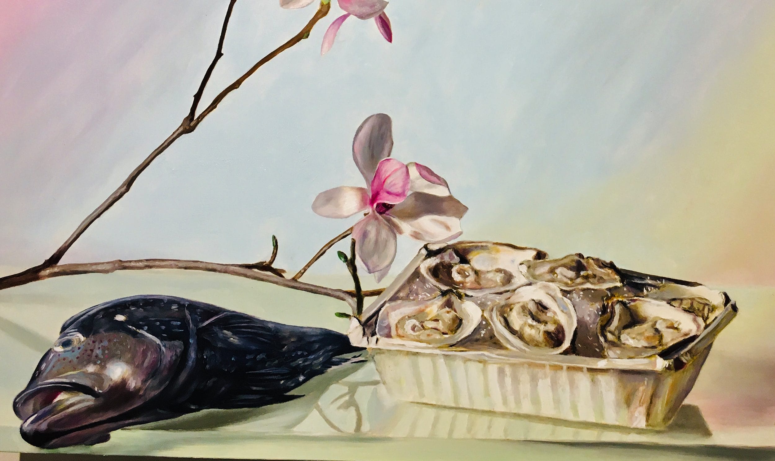 Painting of a fish head, tray of oysters, and blooming branch against a light background.