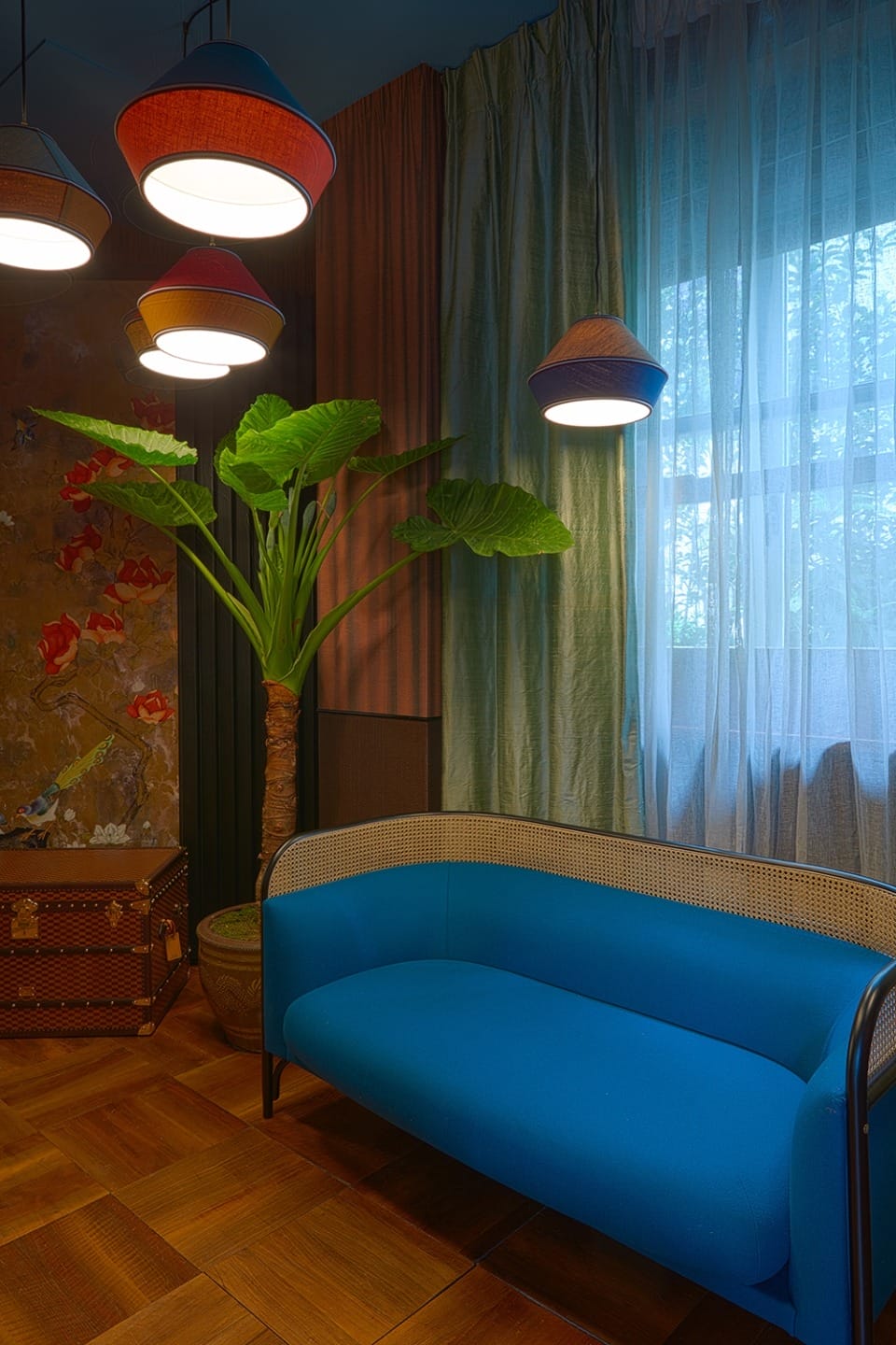 Modern living room with vibrant blue sofa, large potted plant, colorful pendant lights, and a window with sheer curtains.