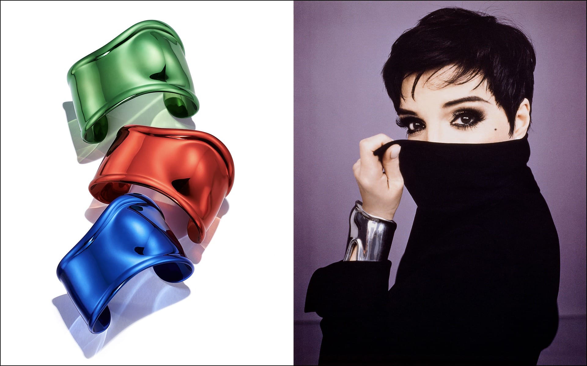 Three colorful sculptural rings on the left, and a person with dark hair and dramatic eye makeup partially hidden in black on the right.