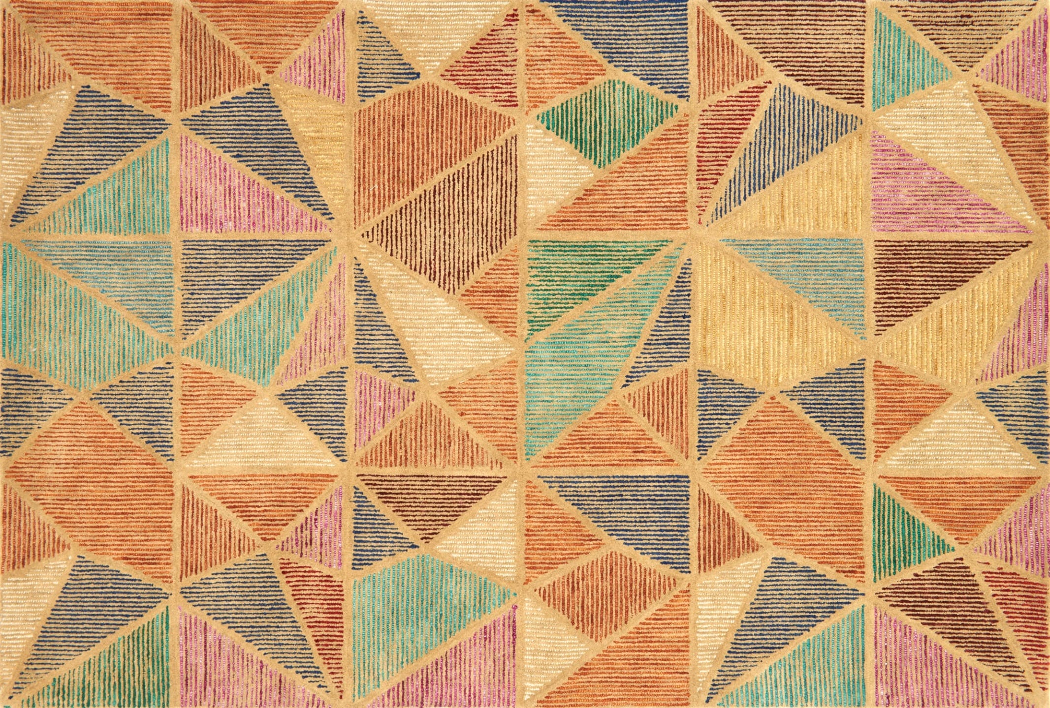 Geometric pattern with multicolored triangles and stripes in shades of orange, green, blue, and pink.