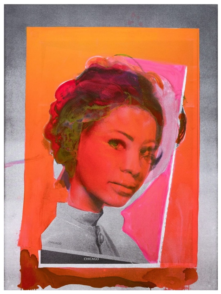 Portrait of a woman with an orange and red artistic overlay, set against a gray background.