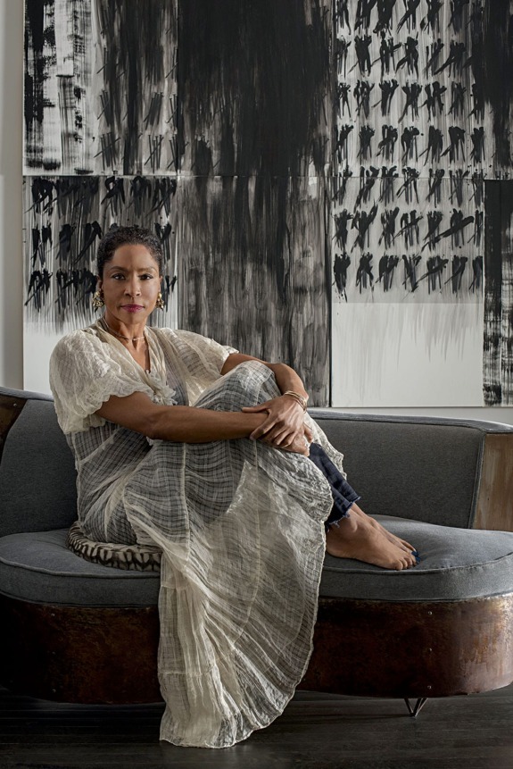 Simpson with an unfinished work from her new series of paintings.