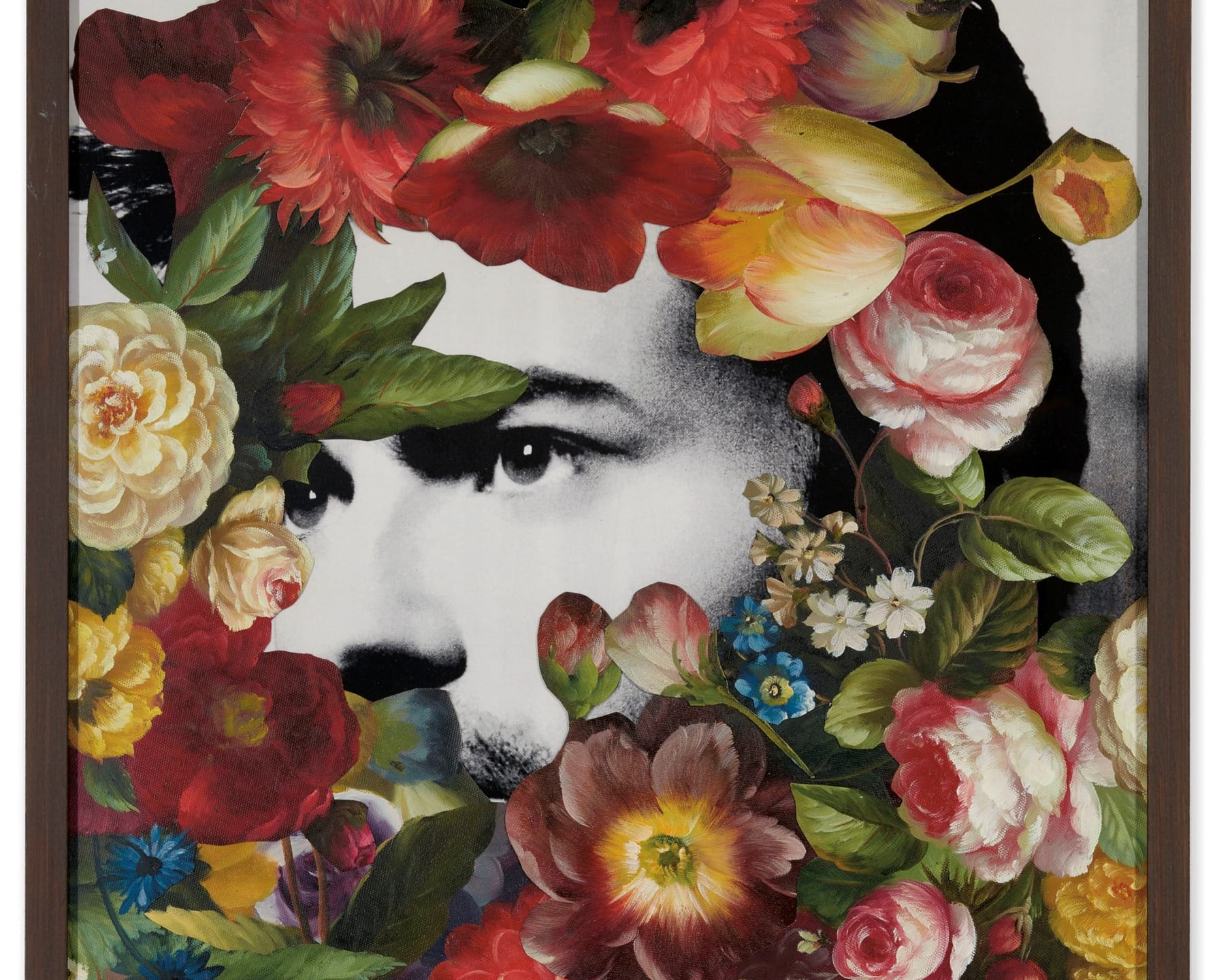 Collage of a man's face partially obscured by vibrant flowers and leaves in various colors and shapes.