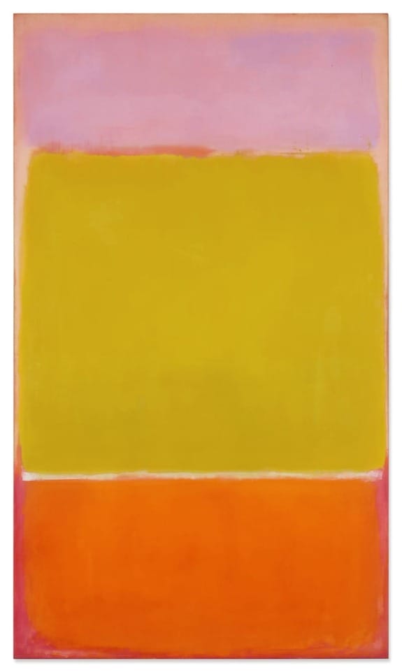 Abstract painting with large rectangular blocks of yellow, orange, and pink, creating a vibrant and harmonious composition.