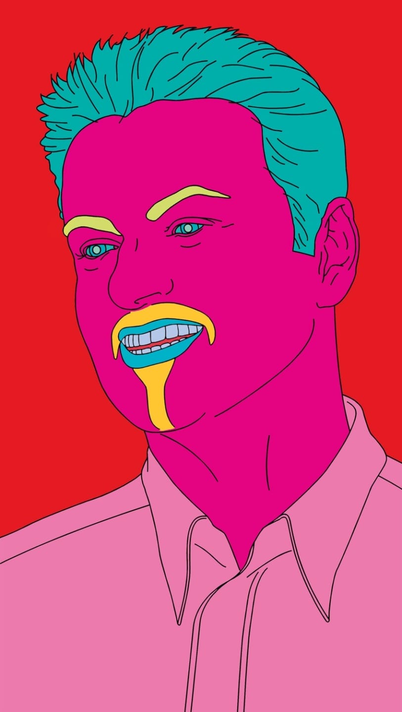 Pop art style portrait of a man with vibrant colors, featuring pink skin, teal hair, a mustard yellow goatee, and a red background.