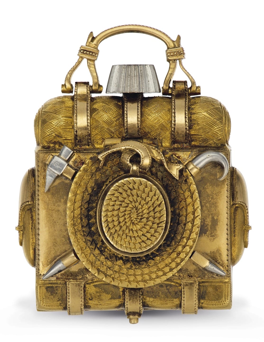 Steampunk-style gold and silver artistic backpack with intricate gears and tools.