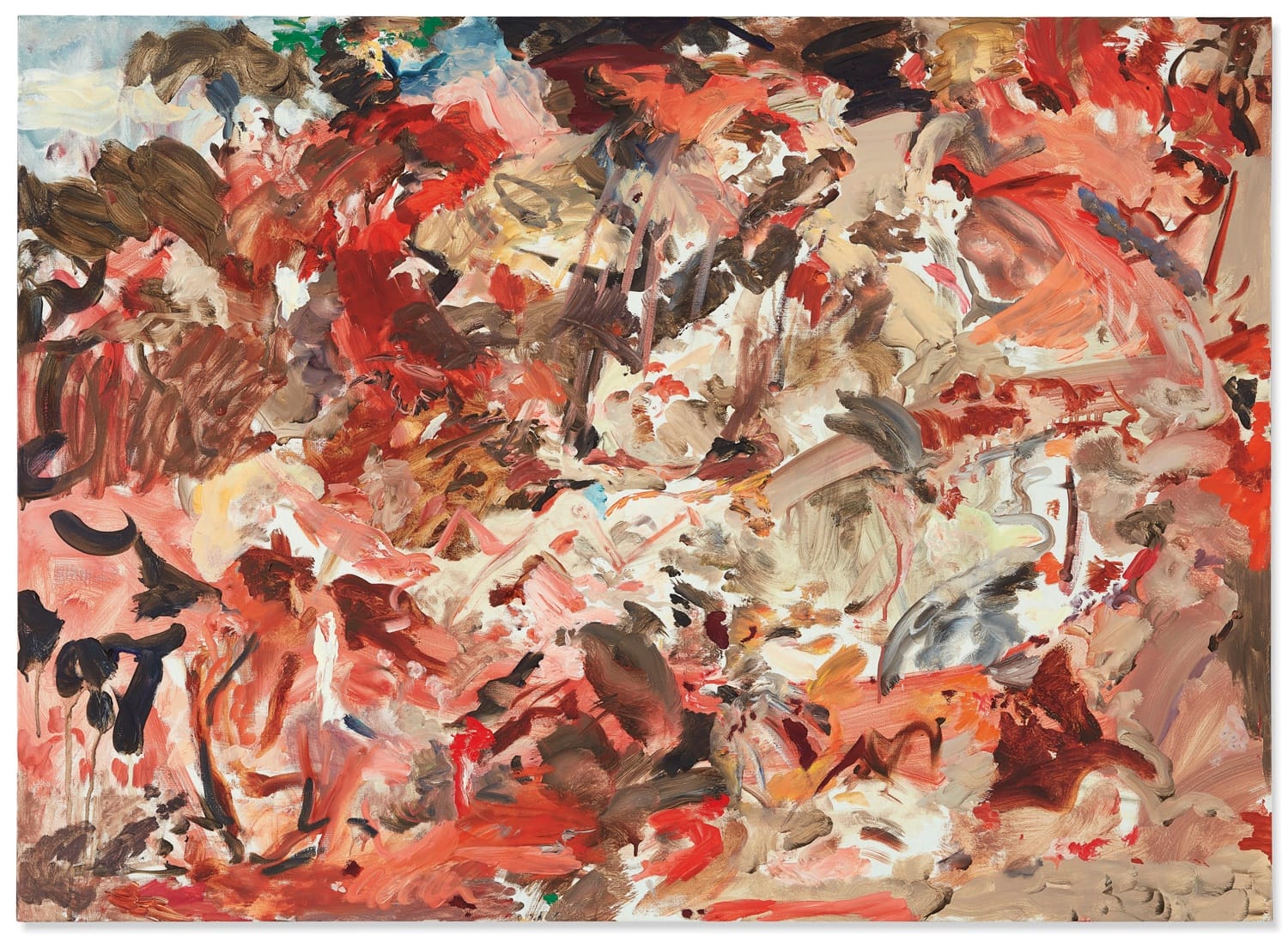 Abstract painting with bold, swirling reds, browns, and beiges creating dynamic and chaotic textures.