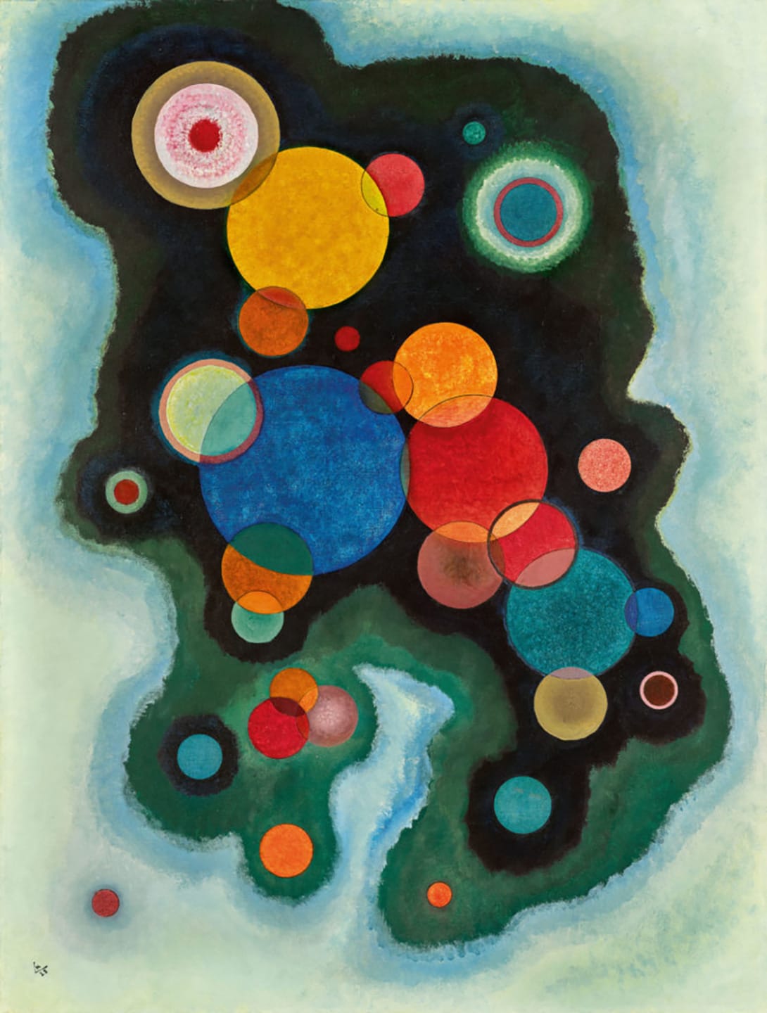 Abstract painting with colorful overlapping circles on a dark, cloud-like background.