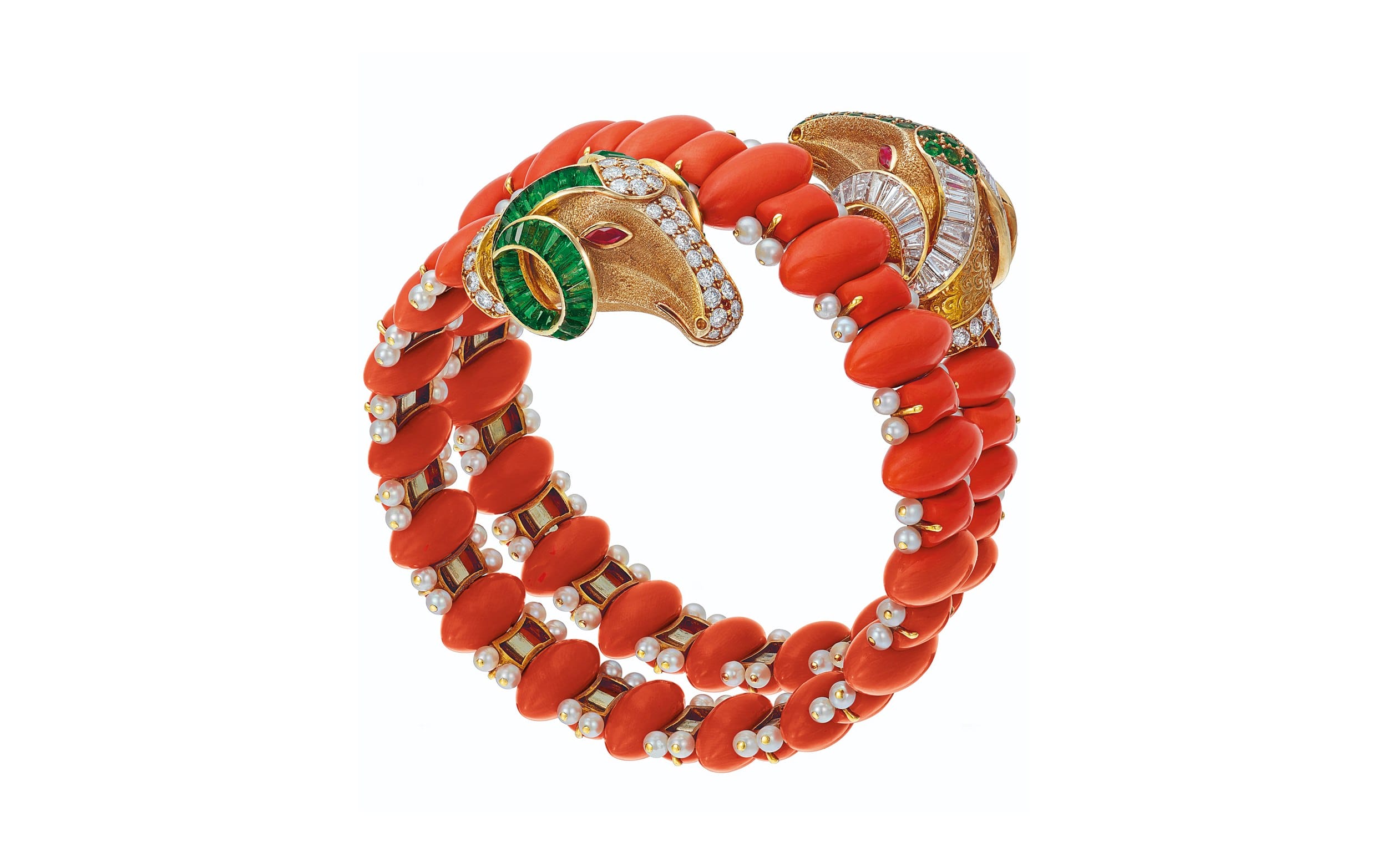 Gold and green jeweled animal head bracelet with coral beads and pearls, forming an elegant circular design.