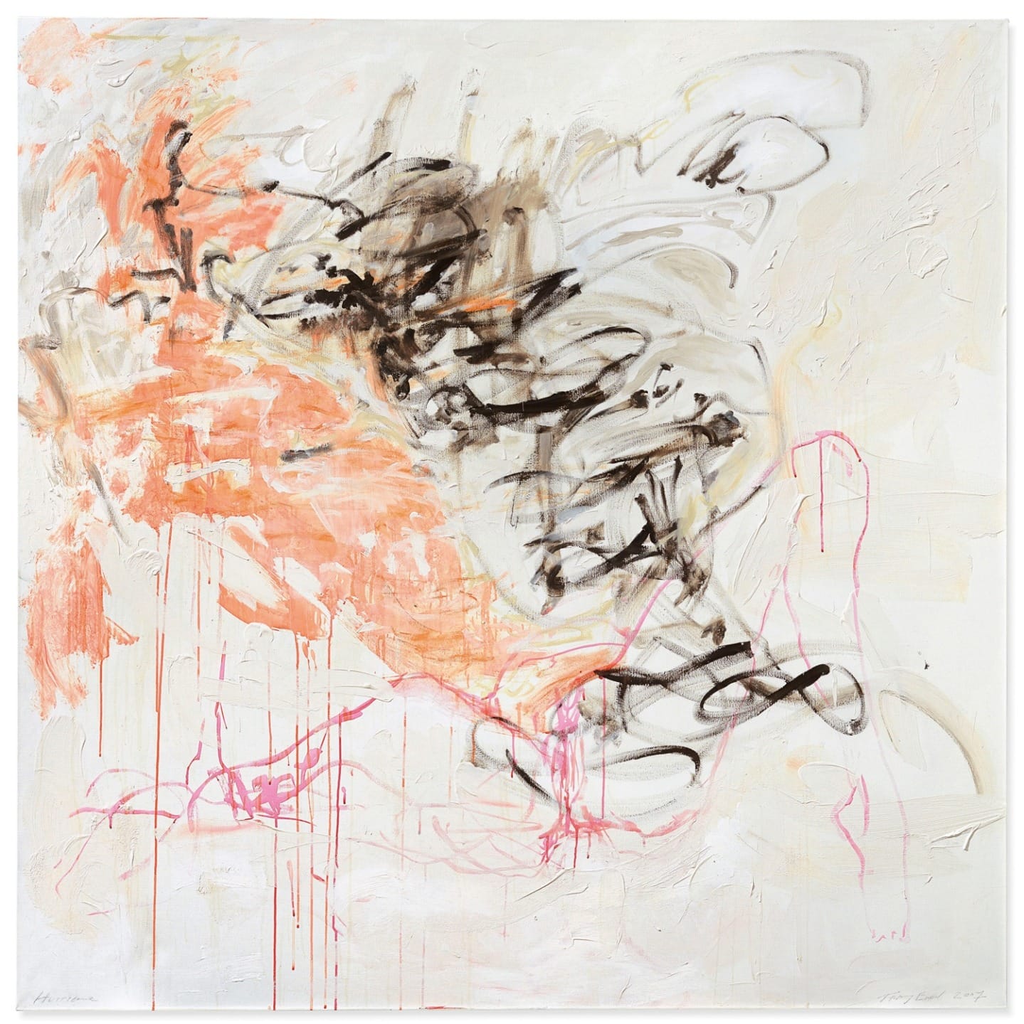 Abstract painting with swirling black, orange, and pink brushstrokes on a light background, evoking dynamic movement.