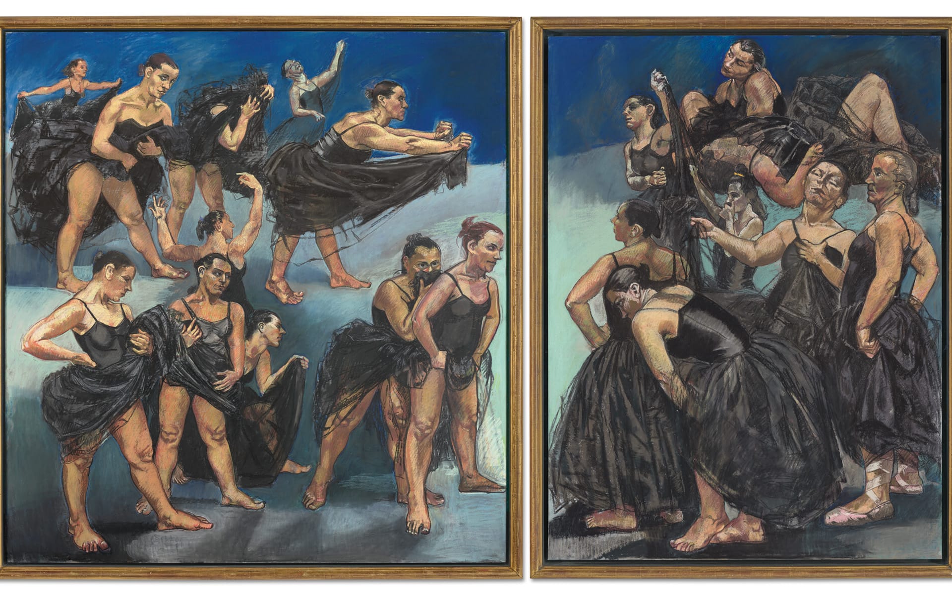 Two painted panels depicting dancers in black costumes against a blue background, showcasing dynamic poses and expressions.