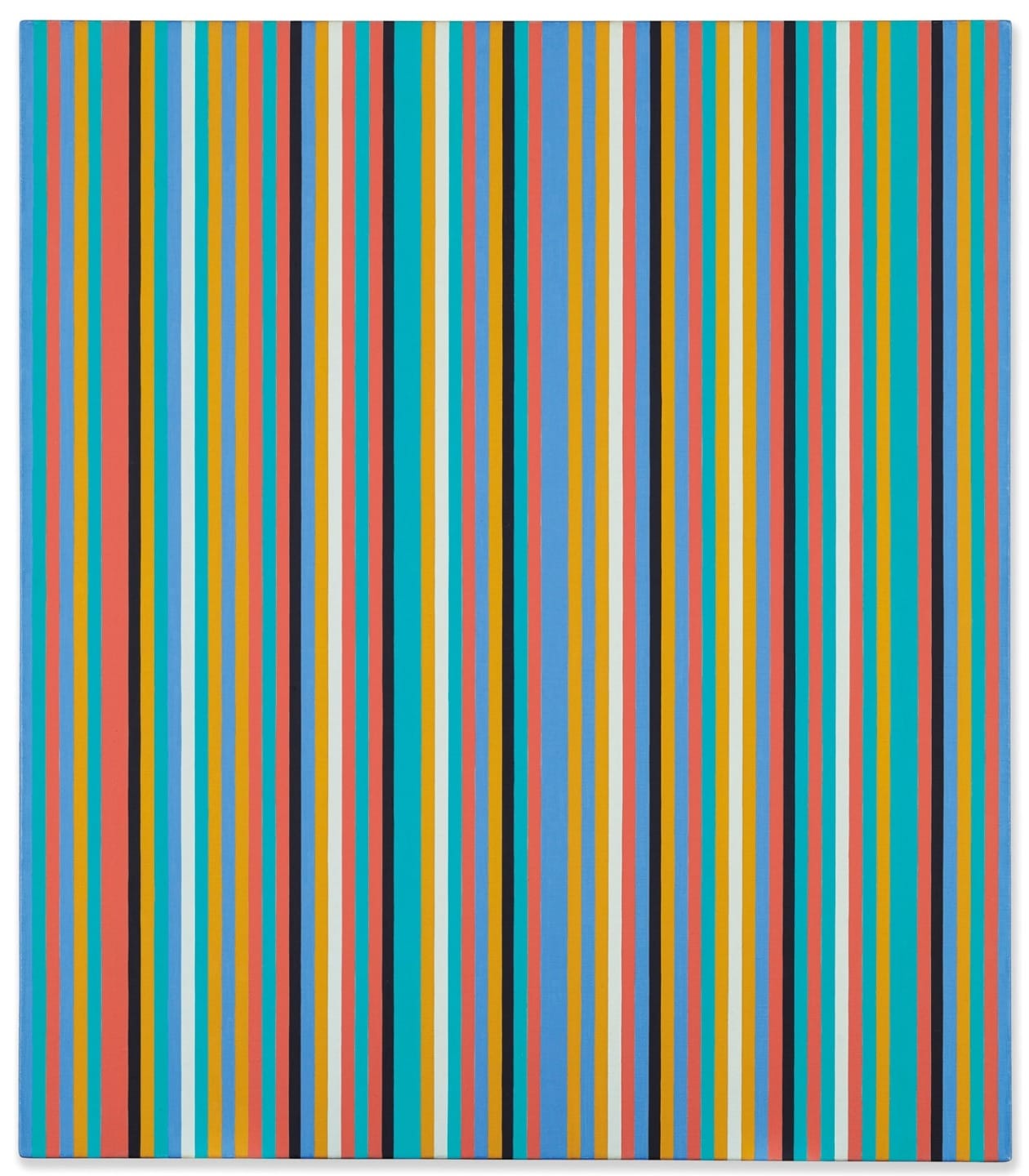 Colorful vertical stripes in varying widths, featuring shades of blue, red, yellow, orange, and black.