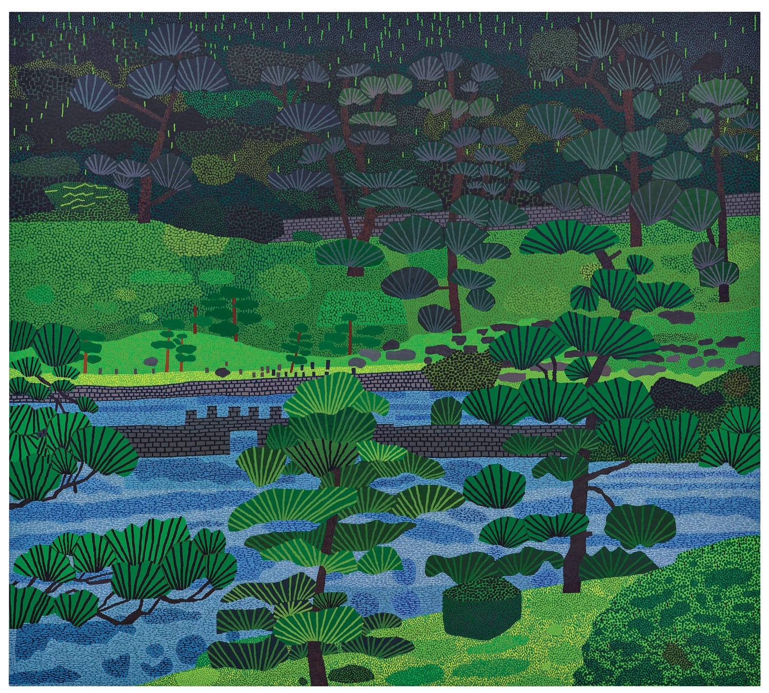 Colorful scenic landscape painting with vibrant green trees, a flowing river, and a lush hillside background.